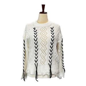 Vera Moda Women Cream Black Medium Fall Knit Sweater